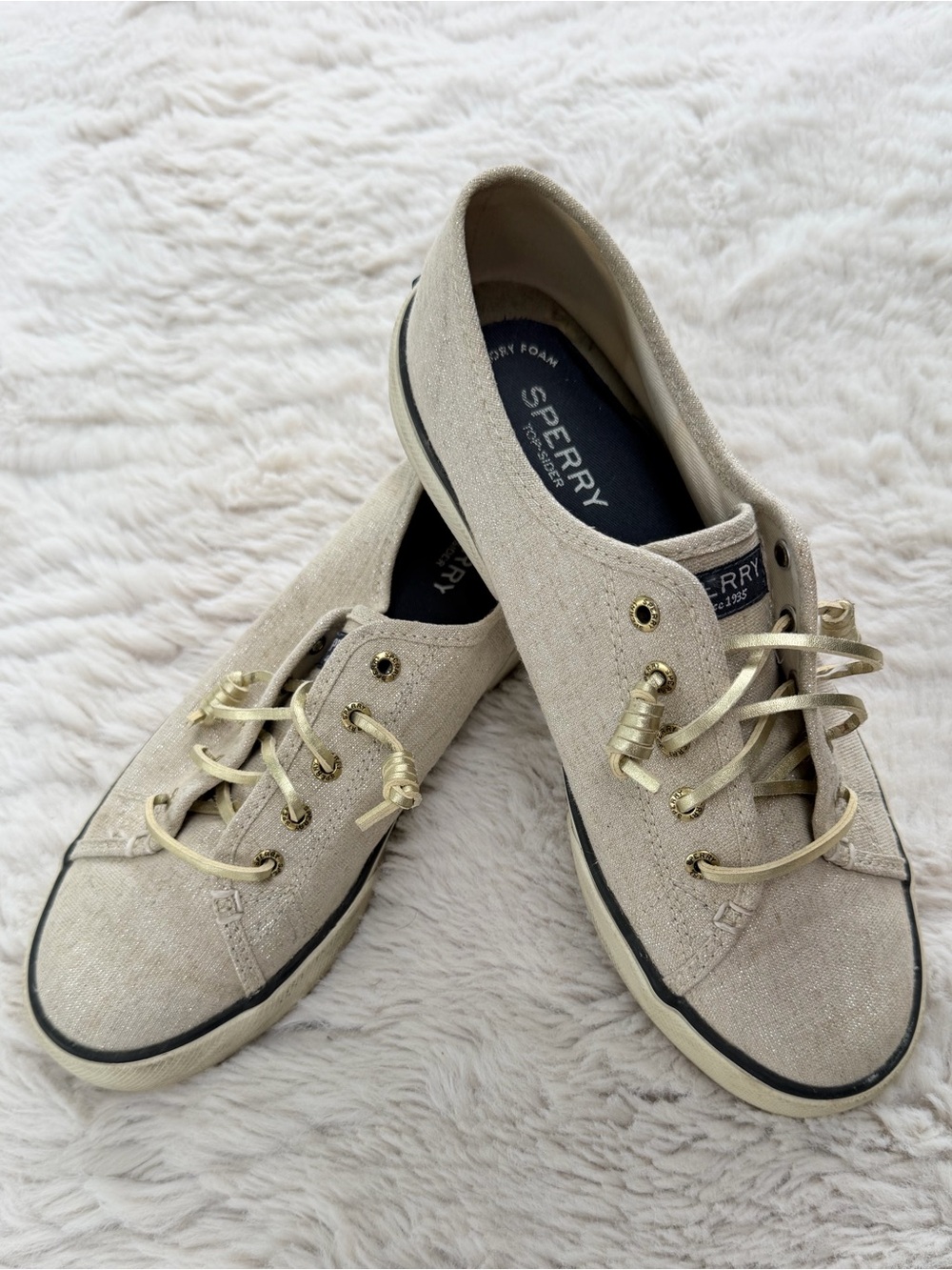 Sperry Natural Canvas Low-Profile Lace-Up Sneakers with Gold Accents